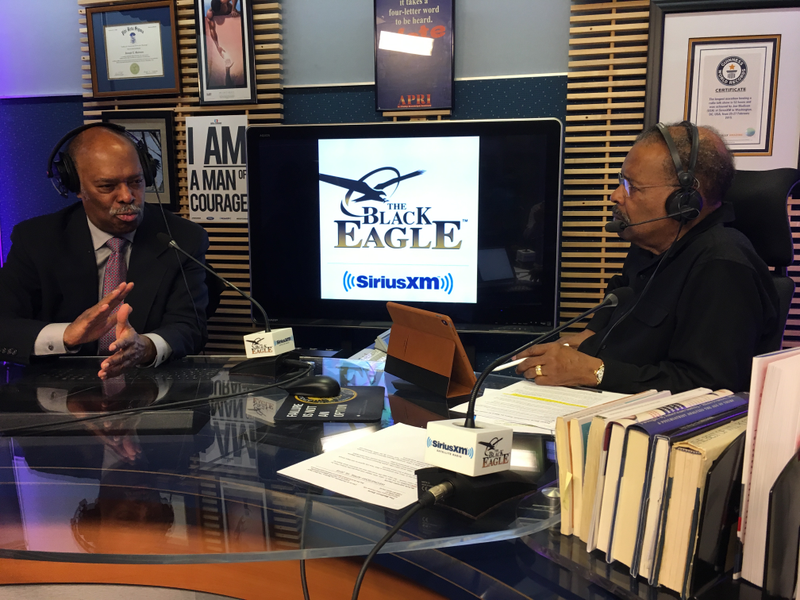 Joe Madison, right, was inspired enough by the “Journal-isms” column “Fewer Blacks Seem to Want to Cover Their Own” to invite Richard Prince on his SiriusXM show Wednesday to discuss that topic further. You can listen here. (Credit: Samuel Nassau)